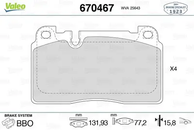 VALEO 670467 Fren Balatası Ön GM 8R0698151AB, GM 8R0698151K, GM 8R0698151L, GM 8R0698151D, GM 8R0698151G, GM 8R0698151C, GM 8R0698151E, GM 8R0698151H, GM 8R0698151M, GM 8R0698151T