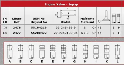 GÜNEŞ 2476-2477 SİBOP TAKIMI 2476 2477 IN 4 EX 4 DOBLO PALIO PUNTO 1.4 FIRE (IN-4 EX-4)