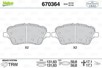 VALEO 670364 Fren Balatası Ön GM AY11/2K021/CA