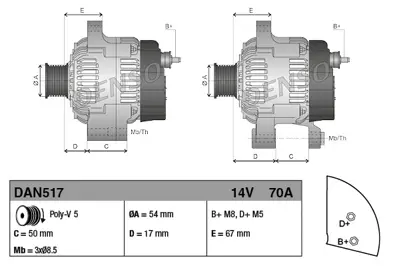 DENSO DAN517 Alternatör GM 46542889, GM 46843091, GM 51709133, GM 51714794, GM 51859037, GM 71784028, GM 52003531, GM 71793972, GM 5174794, GM 71721122