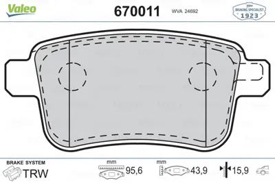 VALEO 670011 Arka Fren Balatası Kangoo Iıı 08> Mercedes Cıtan 13>21 1.2 Tce 1.5 Dcı 1.6 