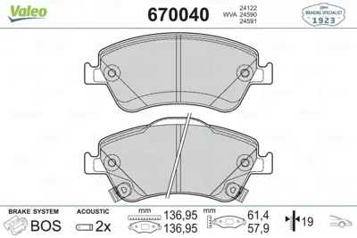 VALEO 670040 Fren Balatası On Corolla D4d 07-12 Aurıs D4d 07-12 Corolla 1.4 D4d 2013-> 