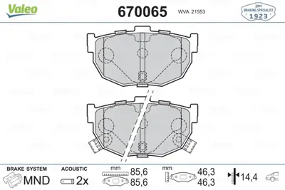 VALEO 670065 Arka Fren Balatası Maxıma 3,0 90> 94 Cerato 04> Matrıx - Elantra> 