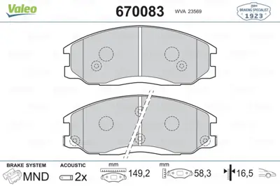 VALEO 670083 On Fren Balatası Hyundaı Santa Fe 01>06 Trajet 99> Ssangyong Actyon 08>12 Kyron 08>12 Rexton 12> 