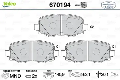 VALEO 670194 On Fren Balatası Fıat 500x 14> Jeep Renegade 14> Compass 16> 