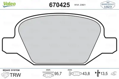 VALEO 670425 Arka Fren Balatası Punto Iı 03> 1,8ı 1,9jtd Punto Iı 99 03 1,8ı Panda 03>1,2ı 1,3jtd 