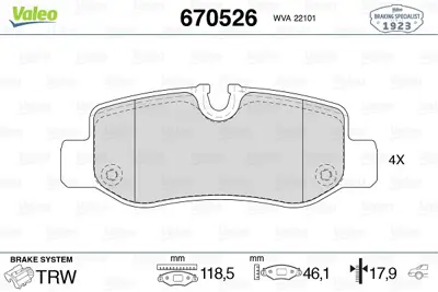 VALEO 670526 Fren Balatası Arka V-Class W447 14> Vıto W447 14> 