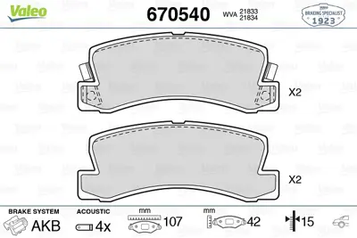 VALEO 670540 Arka Fren Balatası Toyota Avensıs 97-03 Camry 91-97 Celıca 93-99 Lexus 300 00-03 Vısta 90-> 