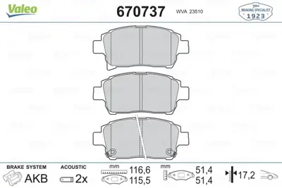 VALEO 670737 On Fren Balatası Toyota Yarıs 2002-2006 Corolla Verso Vvt-I 2001-> 