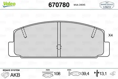 VALEO 670780 Fren Balatası Arka Mazda 323 626 2.0 98>02 Mazda 6 03>10 Premacy 99-05 