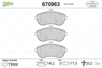 VALEO 670963 Fren Balatası On W204 13>14 S204 13>14 C204 13> W212 13>16 S212 13>16 R172 13> 