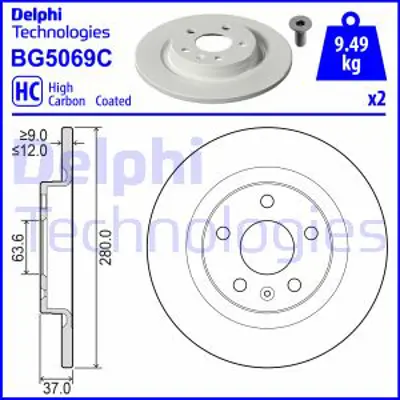 DELPHI BG5069C Arka Fren Dıskı Volvo Xc40 17 > 280mm 