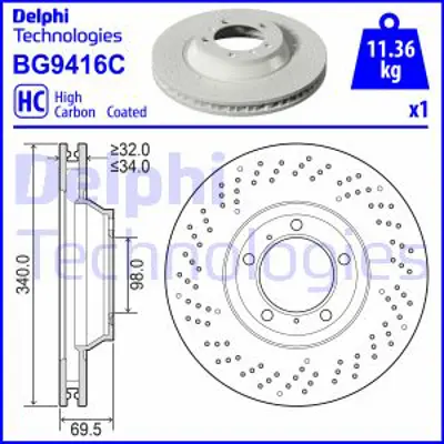 DELPHI BG9416C Fren Aynası Delıklı Yuksek Karbonlu Sag 911 Targa Tavan Cabrıo 12> Boxster 15> 