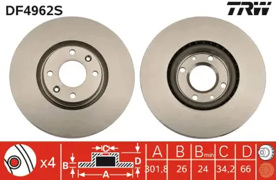 TRW DF4962S On Fren Dıskı Havalı P208 1,2 / 1,4 / 1,4hdı / 1,6 / 1,6hdı P308 3008 P5008 C4 C4 Iı Ds4 Ds5 1,6 16v 