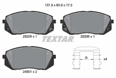 TEXTAR 2520501 Fren Balatası Ön 581013ZA16 581013ZA70 581013ZA76 581014WA10 58101B2A60 58101D7A50 581012YA00 581012YA50 581013ZA10 581013ZA00