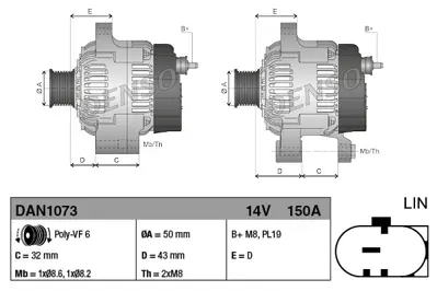 DENSO DAN1073 Alternator 12v (150a) Fıesta Vı Ecosport 13 /> Focus Iıı 11 /> B Max 12 /> 1,0 Gtdı 12v Ecoboost 1940809 12317605060 12317605061 12317605478 12317605479 12317605480 12317610260 7605060 7605061 7605478