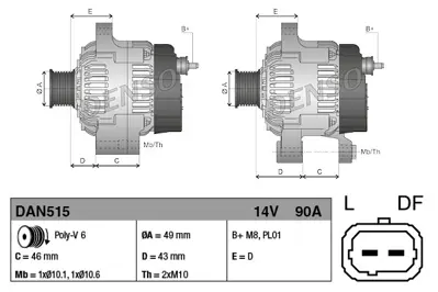 DENSO DAN515 Alternator 12v 80a C2 C3 Iı C3 Plurıel C3 Iıı P207 P1007 Tu3a / Tu3aes (1,4 8v) Klımasız 57056E 9638275480 9642880180 9649611380 9649611580 9638275380 71747925 A005TA6391 A005TA6391A A005TA6391B