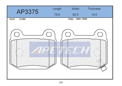 APETECH AP3375 Fren Balatası Arka 350z 03> / Lancer 03> / Impreza 00> 76,7 Mm+65,5 Mm+14,4 Mm 