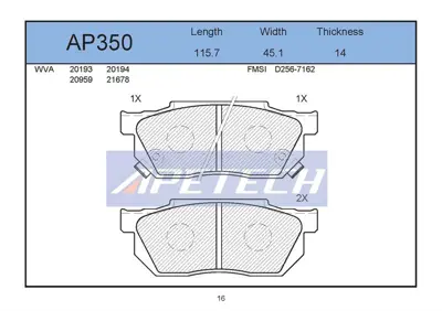 APETECH AP350 Fren Balatası Ön Cıvıc 88>91 Accord 83>85 Crx 83>87 Prelude 86> 