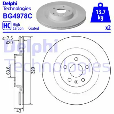 DELPHI BG4978C Arka Fren Dıskı Volvo S90 Iı V90 Iı Xc90 Iı 15> 17 Jant 31400778 31471816 31471816SK1