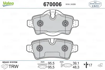 VALEO 670006 Fren Balatası Arka Mını R56 34216778327 34216772894 34216778325 34216778326 34212289155 34212289154 6778327 2289154 34216794059 446542190