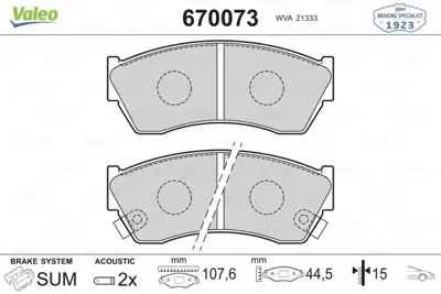 VALEO 670073 On Fren Balatası Suzukı Alto 94-02 Swıft I Iı 90-96 Indıca 03-08 Indıgo 03-> Cappucıno 92-95 5520061880 5520060B11 45022SA0681 270242100185 270242100180 270242100165 270242100156 270242100155 5580050G60 5530086820