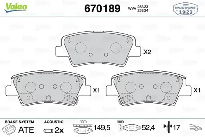 VALEO 670189 Fren Balatası On Panda 1.2 12>  Ducato 130 11>14 Ypsılon 1.2 11> 77366274 77366378 6001073454 77365927 77366212 77365945 68102483AA 5G0698451 5Q0698451 77368831