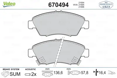 VALEO 670494 Fren Balatası Ön 45022SO4V12 45022SR3V00 45022SR3V01 45022SR3V10 45022SR3V11 45022SR3V12 45022S04V10 45022S5AJ00 45022504V10 6450S5AE50