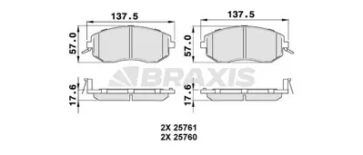 BRAXIS AB0491 On Fren Balatası Subaru Impreza 00-08 Legacy 02-08 Brz 12-> Forester 02-08 GM 26296AG020, GM 26296FE081, GM 26296SA031, GM 26296SA030, GM 26296SA020, GM 26296SA010, GM 26296FG001, GM 26296FE020, GM 26296FG000, GM 26296FE082