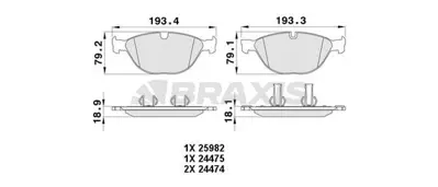 BRAXIS AA0442 Fren Balatası On Jaguar Bmw Xf I (X250) 09>15 Xf Sportbrake (X250 13>14 Xj (X351 13> Xk Iı 09>14 GM T2R7248, GM C2D3801, GM C2P26236, GM T2R22312, GM 34110300361, GM 34116763652, GM 34112339272, GM 34112283365, GM 34116764312, GM 71844642