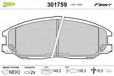 VALEO 301759 On Fren Balatası Hyundaı Starex 03-> Santafe 01-06 / Ssangyong Kyron / Actyon 48130091A0 581014AA26