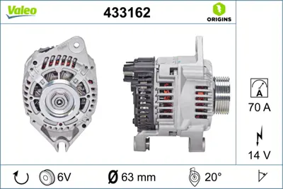 VALEO 433162 Alternator 12v 70a Berlıngo Jumpy Xantıa Xsara Scudo P306 Expert Partner 1,6 / 1,8d / 1,9d / 2,0 97> 5705JR 9612259680 96122596R