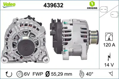 VALEO 439632 Alternator 12v 120a  Ford Fıesta Vı (Cb1, Ccn) 1.4 Tdci 08>17 Fıesta Vı 1.6 Tdci 08>17  Mazda 2 (De_ 8V2110300AB Y40518300