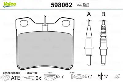 VALEO 598062 Fren Balatası Arka (Fıslı) V-Class 638/2 97>03 Vıto 638 97>03 , P406 P605 P607 95>08 A0034200020