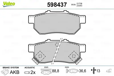 VALEO 598437 Arka Fren Balatası Honda Cıvıc 1.6 96-06 Jazz 02-08 43022TM0G00