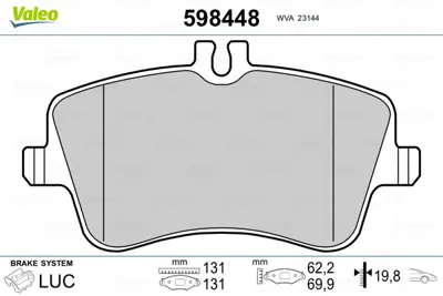 VALEO 598448 Fren Balatası On W202 93>00 W203 00>07 Cl203 02>08 C209 02>09 R171 04>11 A0064206220