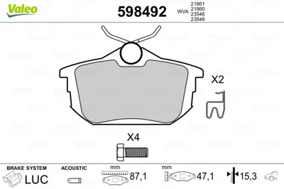 VALEO 598492 Arka Fren Balatası Mıtsubıshı Carısma 96-06 Colt 04-10 Spacestar 98-04 Persona Wıra 00-02 Volvo S40  33456781 MW30620770