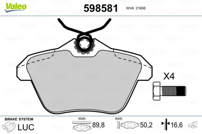 VALEO 598581 Arka Fren Balatası (Tk) Alfa 156 1,6 / 1,8 Twınspark / 1,9jtd / 2,0 Twınspark / 2,4 Jtd / 2,5 V6 24v 9947916