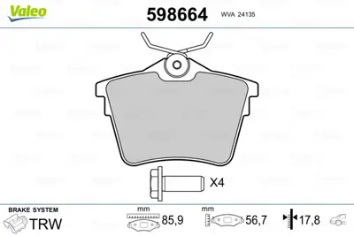 VALEO 598664 Arka Fren Balatası P407 04> C5 Iıı 09> 1,6hdı 110 Fap 1,8 2,0 2,0 Hdı 135 Fap 2,2 3,0 425491