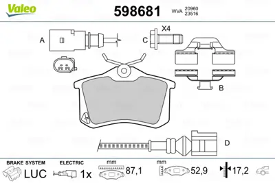 VALEO 598681 Arka Fren Balatası (Kablolu) Sharan Alhambra Transporter T4 99>03 Galaxy 1,9td 00>06 Mondeo Iıı St22 1345337 7M3698451E 8D0698451B