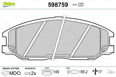 VALEO 598759 On Fren Balatası Hyundaı Starex 03-> Santafe 01-06 / Ssangyong Kyron / Actyon 48130091A0 581014AA90