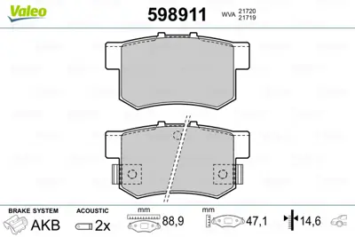 VALEO 598911 Arka Fren Balatası Accord 90>98 Legend 97>91 Prelude 90>96 5580080J10 6430S5AJ00 71750931 SFP000080