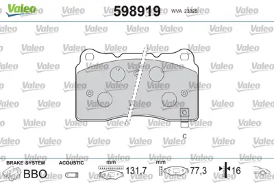 VALEO 598919 On Fren Balatası Subaru Impreza 2,0 2,5 05>12 26296FE120 45022TV8E02 MR407376