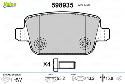 VALEO 598935 Arka Fren Balatası Mondeo Iv Ca2  07>14 S-Max 09> 06> S-Max 09> Mondeo Iıı 00>07 Iv 07> Kuga 08> Gal 1917250 30794553 LR134697