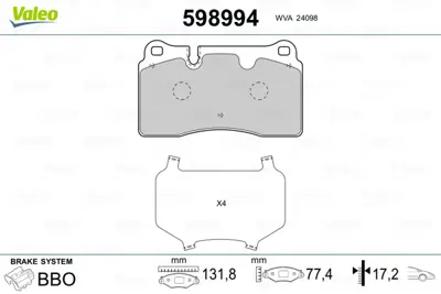 VALEO 598994 Fren Balatası On Touareg 7l 03> Touareg 7p 10> 7P6698151F