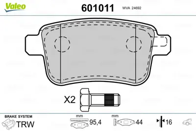 VALEO 601011 Arka Fren Balatası (Tk) Kangoo Iıı Mercedes Cıtan 1,5 / 1,6 7701209869 A4154210410