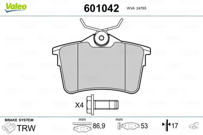 VALEO 601042 Arka Fren Balatası P308 Sw 1,4 16v / 1,6 16v / 2,0 / 1,6hdı / 2,0hdı 09 / 07>partner Tepee Berlıngo  425429