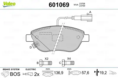 VALEO 601069 On Fren Balatası (Tk) Doblo263 10> 1,4 / 1,3d / 1,6d / 2,0 D Punto / G,Punto / Punto Evo 05> 1,4 16v 77367327 95599885