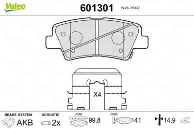 VALEO 601301 Dısk Fren Balatası (Arka) Hyundaı Grandeur (4 / 2005>), I40 (6 / 2011>), Solarıs (Tr) / (3 / 2011>), 48413350B0 58302F2A30