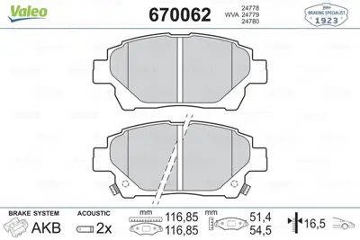 VALEO 670062 Dısk Fren Balatası (Ön) Toyota Yaris 1.0/1.3 99>05, İq 1.0/1.3/1.4d 08> 446574020